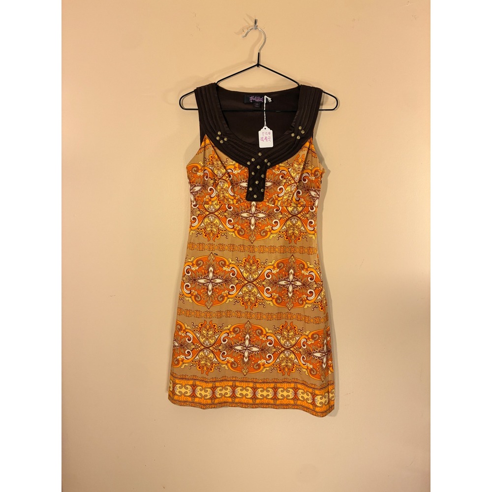 Hale Bob Sleeveless Paisley Mini Dress Boho Retro Studded Silk Blend XS Orange